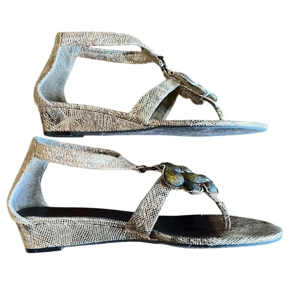 New York Transit Woman's 8M Metallic Snakeskin Sandals Slip On Small Wedge